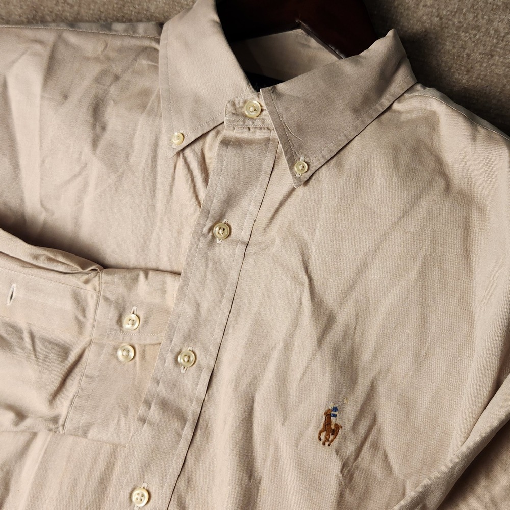 Polo Ralph Lauren Button Down Shirt Mens XL Tan Khaki Oxford Long Sleeve Pony